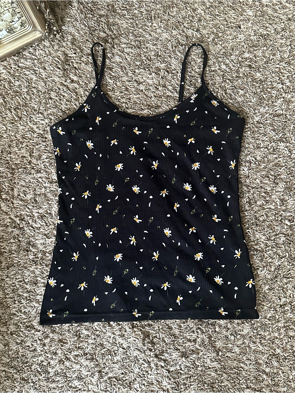 Black Daisy Ribbed Tank Top best for small - medium
